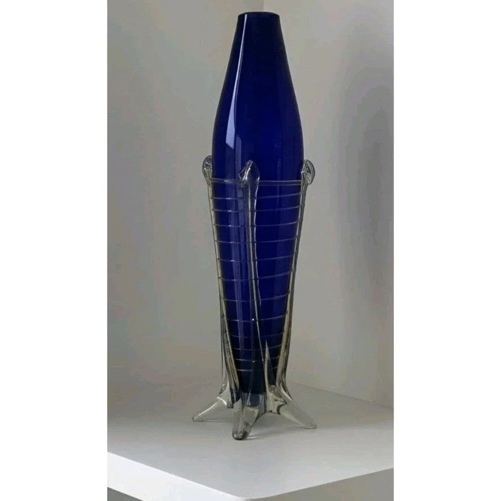 John Cook Studio Art Glass Vase 1996 Cobalt Blue Threaded Ribbed Footed 11.25 in